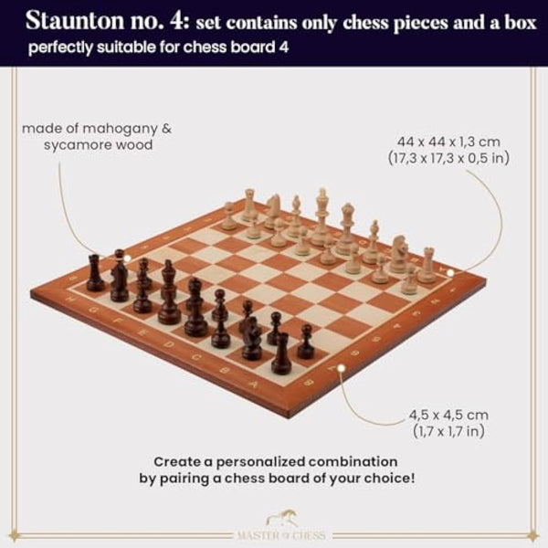 Classic STAUNTON Chess Set NO.4 in Mahogany Box | Master of Chess Wooden Chess Set | Wooden Chess Pieces Only - Handmade Tournament Chess Set Without Chess Table