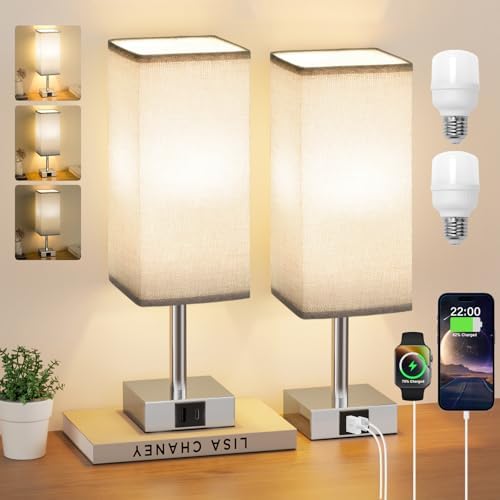 Aooshine Touch Bedside Lamps Set of 2, Touch Bed Lamp with USB-C+A Charging Ports, 3-Way Dimmable Table Lamps for Bedroom with Grey Fabric Shade(Bulbs Included)