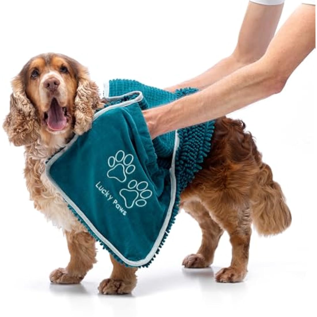 Lucky Paws® Chenille Dog Towel with Hand Pockets - UK Based Seller - Absorbent Microfibre Towel - Fast Drying - Super Soft - Machine Washable & Dryable - 88 x 32cm (Pack of 2, Teal)