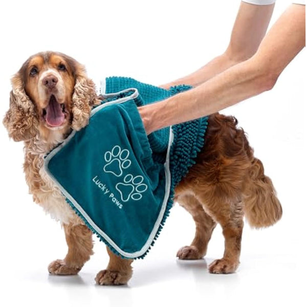 Lucky Paws® Chenille Dog Towel with Hand Pockets - UK Based Seller - Absorbent Microfibre Towel - Fast Drying - Super Soft - Machine Washable & Dryable - 88 x 32cm (Pack of 2, Teal)