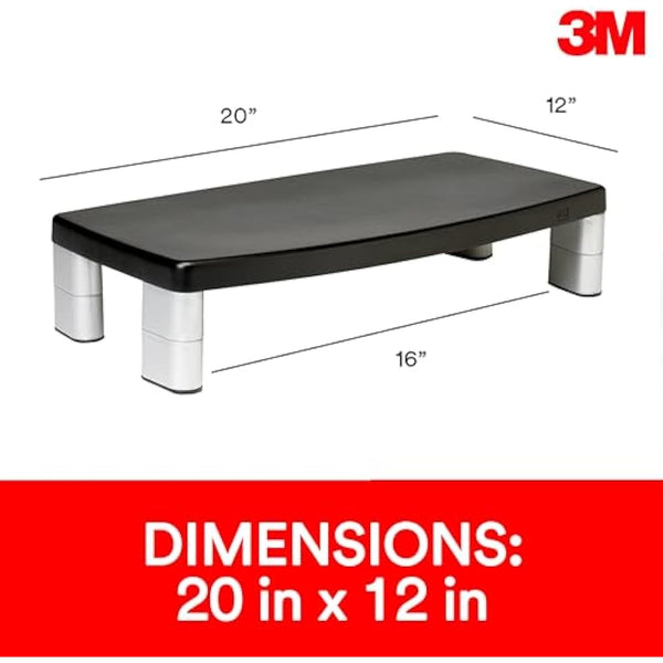 3M Office Adjustable Monitor Stand, 50.8 x 30.48 x 14.9 cm - Black/Silver
