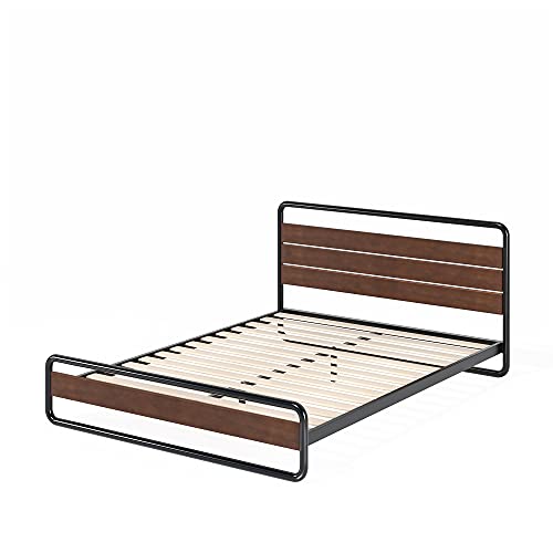 Zinus Therese Single Bed frame - Bed 90x190 cm - 20 cm Height - Metal and Wood Platform bed frame with wood slat support - Brown