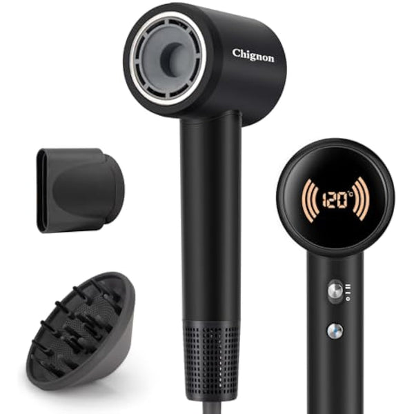 Chignon Ionic Hair Dryer with Diffuser - 110,000 RPM Brushless Motor, 1600W Blow Dryer with Temperature Display & Magnetic Attachments, Low Noise for Salon Styling