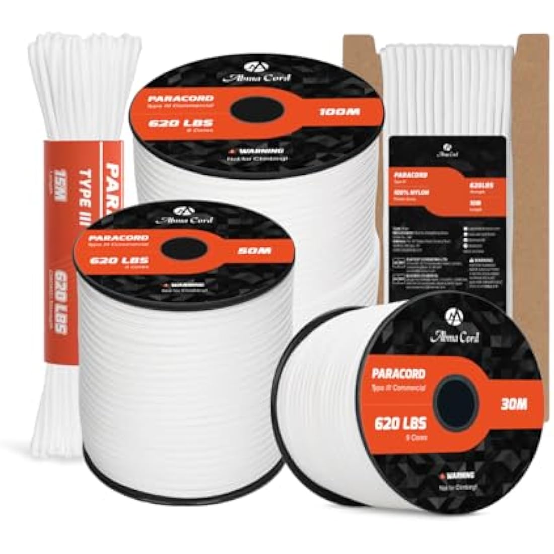 Abma Cord Paracord 4mm 100m 100% Nylon Rope 9 Strands Type III Parachute Cord for DIY, Camping, Survival, Outdoor - Max. 280kg - White