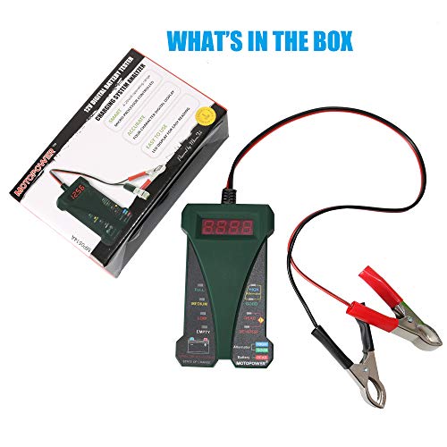 MOTOPOWER 12V Digital Battery Tester Voltmeter and Alternator Charging System Analyzer with LCD Display and LED Indication, Black Rubber Paint