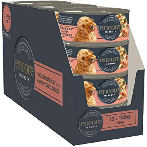 Encore 100% Natural Wet Dog Food, Chicken Breast with Ham and Vegetables in 156g Tin (Pack of 12)