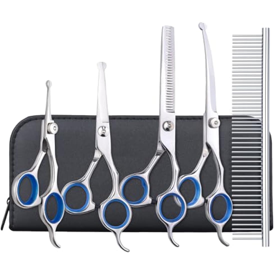EVERESTA Dog Grooming Scissors with Safety Round Tips, Heavy Duty Titanium Pet Grooming Trimmer Kit, Professional Thinning Shears, Straight Scissors with Comb for Dogs and Cats (Set of 5)