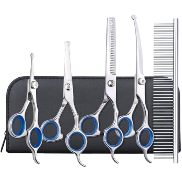 EVERESTA Dog Grooming Scissors with Safety Round Tips, Heavy Duty Titanium Pet Grooming Trimmer Kit, Professional Thinning Shears, Straight Scissors with Comb for Dogs and Cats (Set of 5)