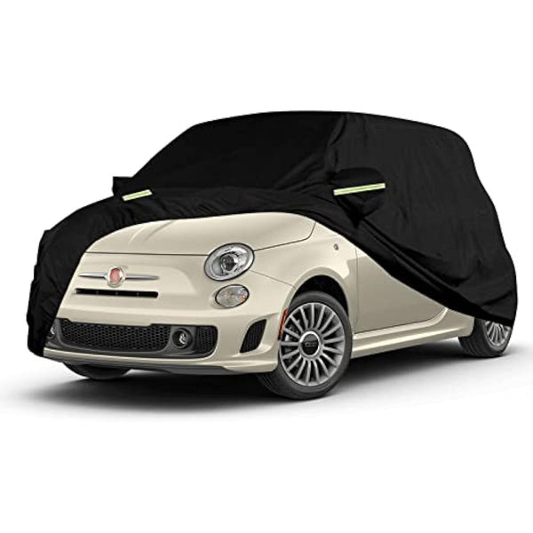 Waterproof Car Cover Compatible with Fiat 500/500C/500E/Abarth 500 2007-2022, 4 Layers All Weather Custom-fit Car Cover with Zipper Door & Windproof Strap for Snow Rain Dust Hail Protection