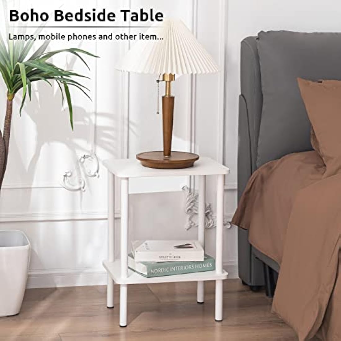 APICIZON 2 Tier Side Table, Narrow End Table with Storage Shelf, Bedside Table Nightstand for Small Spaces, Bedroom, Living Room, Entryway, Farmhouse, No-Tool Assembly, White