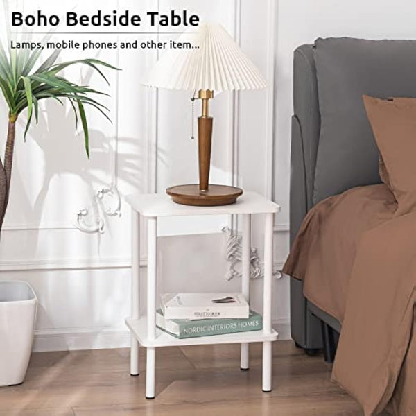 APICIZON 2 Tier Side Table, Narrow End Table with Storage Shelf, Bedside Table Nightstand for Small Spaces, Bedroom, Living Room, Entryway, Farmhouse, No-Tool Assembly, White
