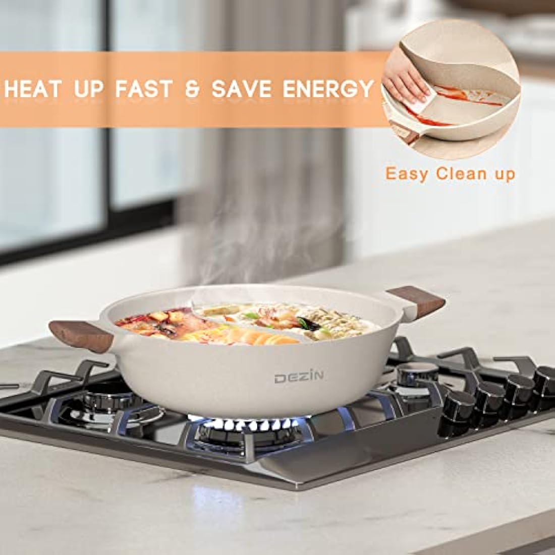 DEZIN 5-QT Double-flavor Shabu Pot with Divider, Dual Sided Nonstick 12 Inch Divided Hotpot for Induction Cooktop, Gas Stove & Hot Burner, Soup Ladle Included