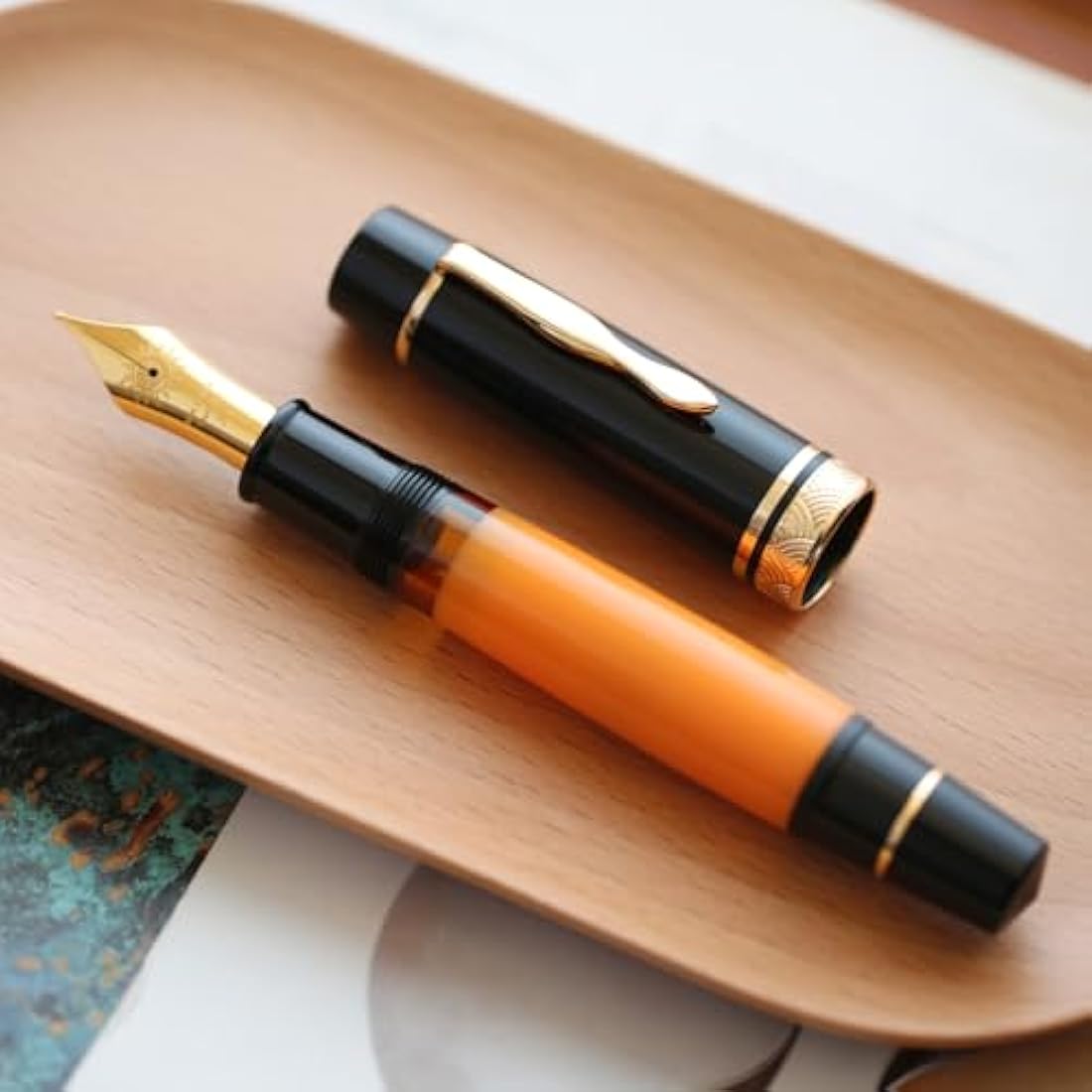 erofa Majohn P139#8 Medium Nib Fountain Pen with Box, Brass Piston System Large Capacity Writing Pen, Black Yellow