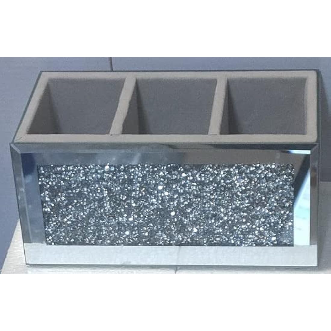 EagleWiz Crushed Diamond Jewel Brush Holder Organiser Beauty Box, 3 Compartment Makeup Storage Box, Silver