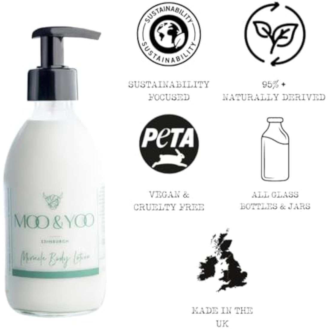 Moo & Yoo Miracle Body Lotion - Marula Oil & Icelandic Moss - Moisturising Cream for Men & Women - Natural Skin Care - Vegan & Cruelty Free - 250ml Recyclable Glass Bottle