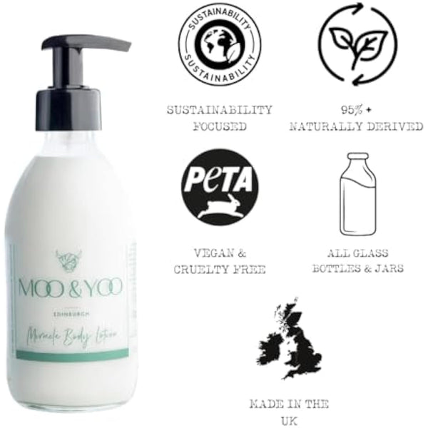 Moo & Yoo Miracle Body Lotion - Marula Oil & Icelandic Moss - Moisturising Cream for Men & Women - Natural Skin Care - Vegan & Cruelty Free - 250ml Recyclable Glass Bottle