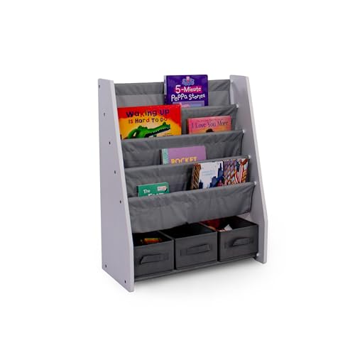 Humble Crew Inspire Wooden Bookshelf for Children, 4 Tier Book Storage Shelf with Deep Fabric Pockets, 3 Collapsable Bin Organisers, Forward Facing