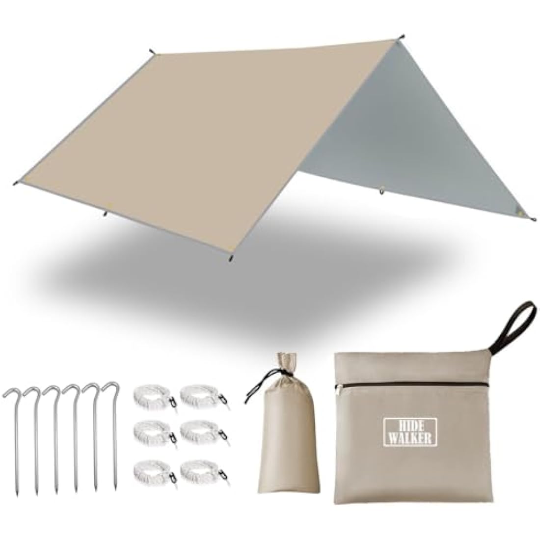 HIDEWALKER Camping Tarp Shelter 3x3m 3x4m 3x5m Lightweight Tent Tarpaulin Waterproof Tent Awning Canopy Basha Sunshade for Hiking Backpacking (Khaki, 4x4m)