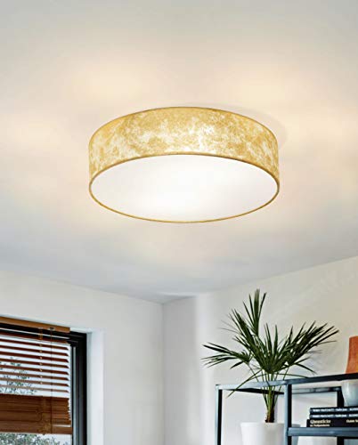 Eglo Viserbella Vintage Flush Ceiling Light, Champagne Steel and Golden Fabric Ceiling Lamp, Living Room, Kitchen and Hallway Lighting, E27 Socket,