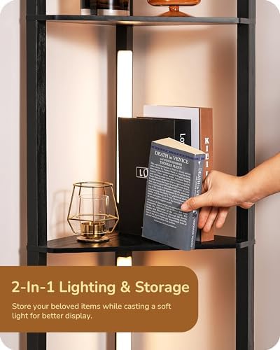 EDISHINE LED Floor Lamps with Shelves, 4 Layers Wood Dimmable Standing Lamp, 360° Rotatable Poles, Corner Floor Lamps for Living Room Bedroom Office, Black