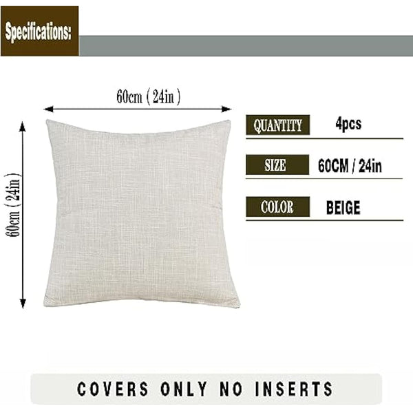 GONOVE Cushion Covers 60×60cm Solid Soft Cotton Linen Throw Pillow Cover Set of 4 Decorative Plain Pillowcase Square Cushion Cover for Home Sofa Bed Chair Décor, Beige