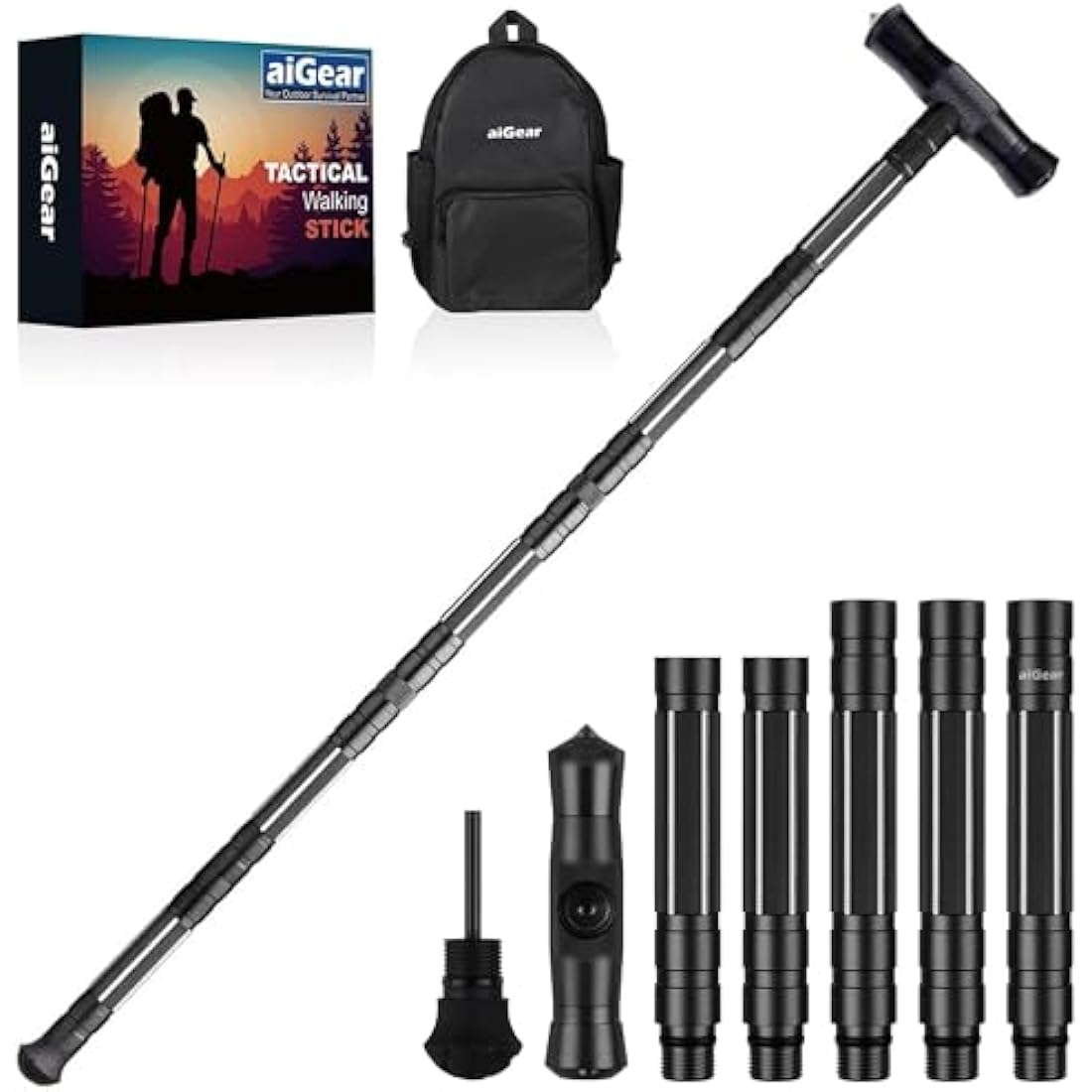 aiGear Tactical Stick/Hiking Walking Trekking Poles | CNC Machined Aluminum Tactical Cane - Adjustable Length | For Hiking Camping Mountaining Backpacking | Color Black