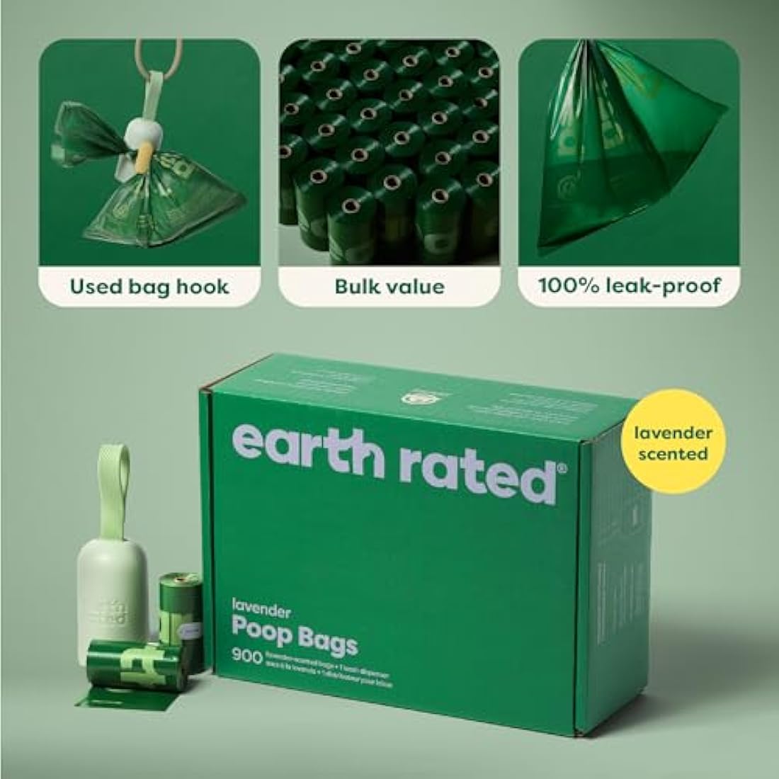 Earth Rated Dog Poo Bag Holder with Dog Poo Bags Rolls, Durable and Guaranteed Leakproof, Lavender Scented, 1 Dispenser and 900 Bags