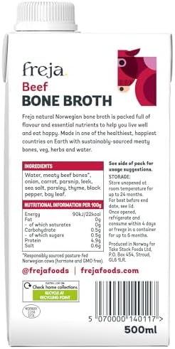 Freja Beef Bone Broth | Grass-Fed | Collagen, Protein & Amino Acids | Low Carb, Keto & Gluten Free | Clear Liquid Broth, not Beef Stock Cubes, Powder or Concentrate | 6 x 500ml