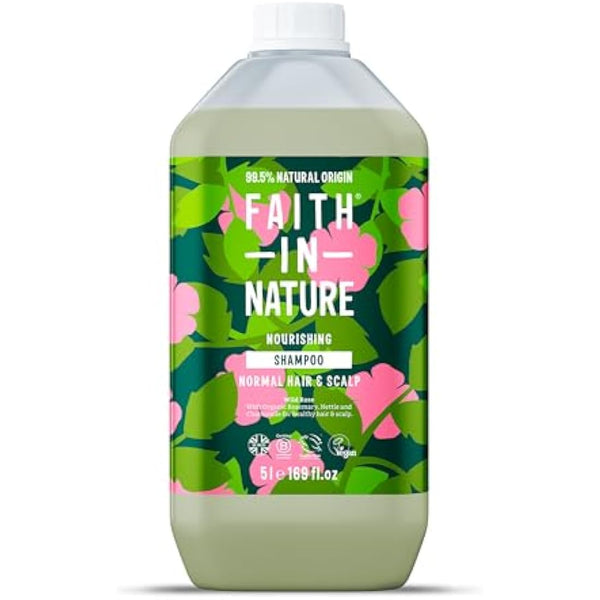 Faith In Nature Natural Wild Rose Shampoo, Nourishing for Normal Hair & Scalp, Vegan & Cruelty Free, No SLS, Silicones or Parabens, 5L Refill Pack
