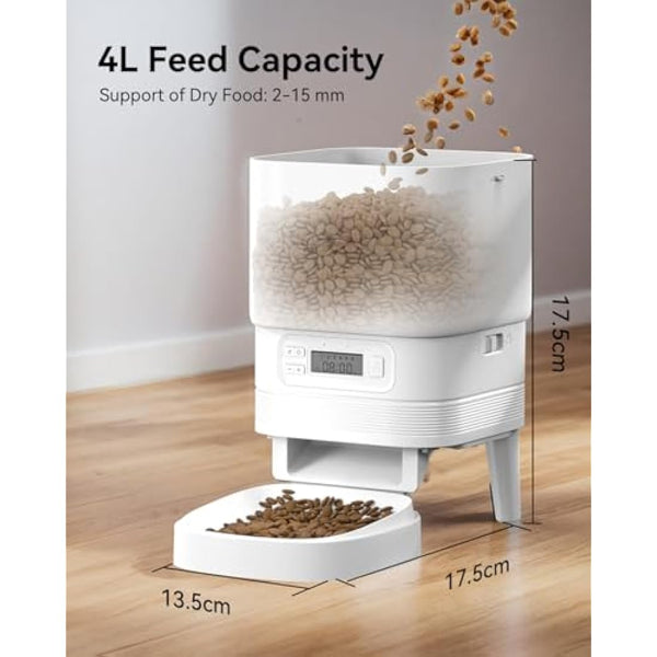 APETDOLA Automatic Cat Feeder, 4L Pet Food Dispenser with Timer, Cat Feeder with 1-6 Meals per Day, Dual Power Supply (AC/DC), Voice Recorder, Automatic Feeders for Cats and Puppy - FD30 (White)