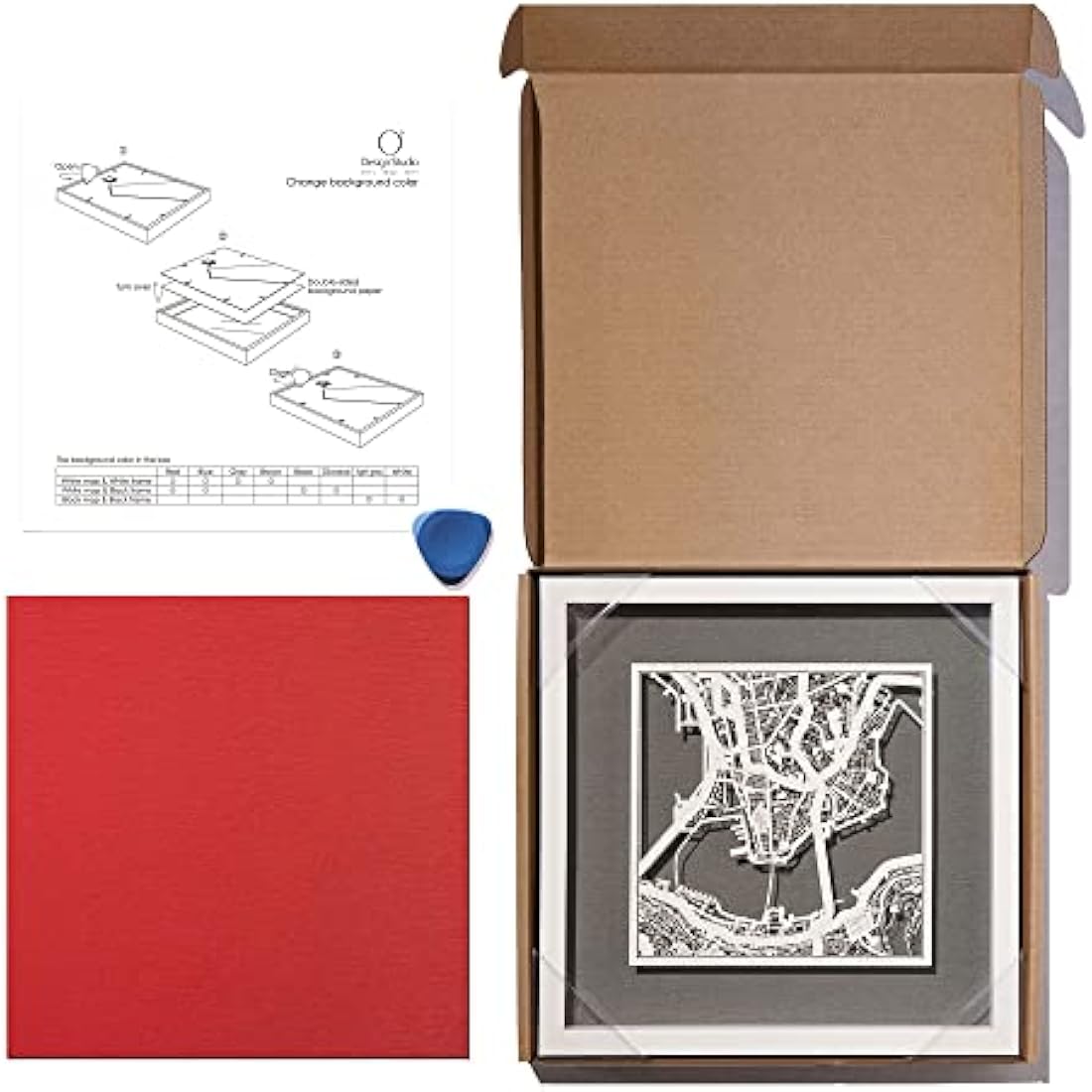 O3 DESIGN STUDIO Oxford, England Paper Cut Map framed, Black map, Black frame, 23x23 cm, Gift Boxed, 2 background color, self-changing, Paper Art