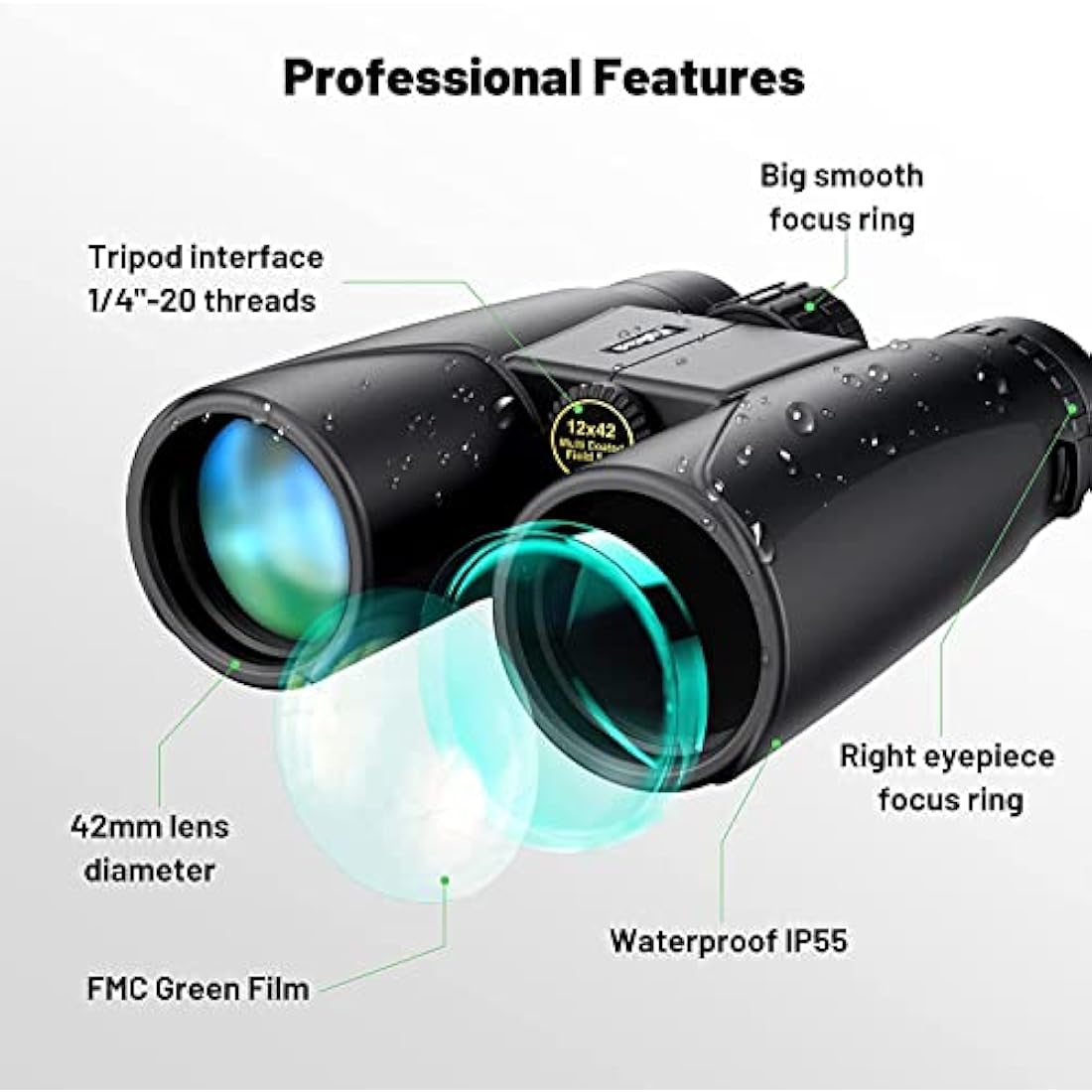 Kylietech High Power 12x42 Binoculars for Adults with BAK4 Prism, FMC Lens, Fogproof & Waterproof Great for Bird Watching Travel Stargazing Hunting Concerts (Smartphone Adapter Included)