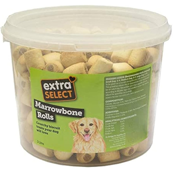 Extra Select Marrowbone Rolls Crunchy Dog Biscuits & Snacks - Marrowbone Puppy Treats & Bedtime Biscuits for Dogs - 3 Litre Resealable Tub
