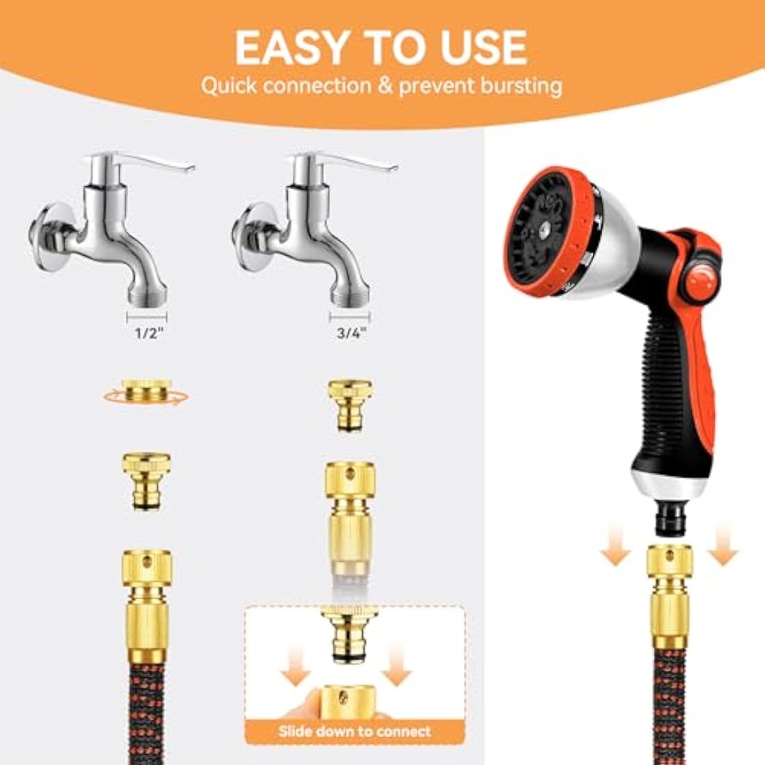 Hose Pipe, Upgraded 3-Layer Latex Expandable Garden Hose 50FT, with 3/4"&1/2" Metal Connectors, No-Kink Flexible Water Hose, 10 Function Spray, for Gardening, Cleaning & Washing(50ft/15m)