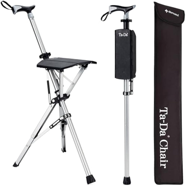Ta-Da Chair - Walking Stick with Seat, Ultra-Light Aluminium Frame & Sturdy Foldable Stool (up to 110kg), Collapsable Folding Design, Ideal for Travel & Sightseeing