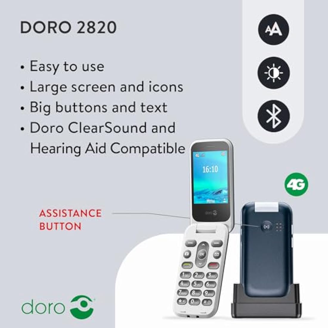 Doro 2820 4G Unlocked Basic Mobile Phone For Seniors With Loud And Clear Sound, Large Buttons, Camera, Assistance Button And USB C Charging With Cradle [UK And Irish Version]