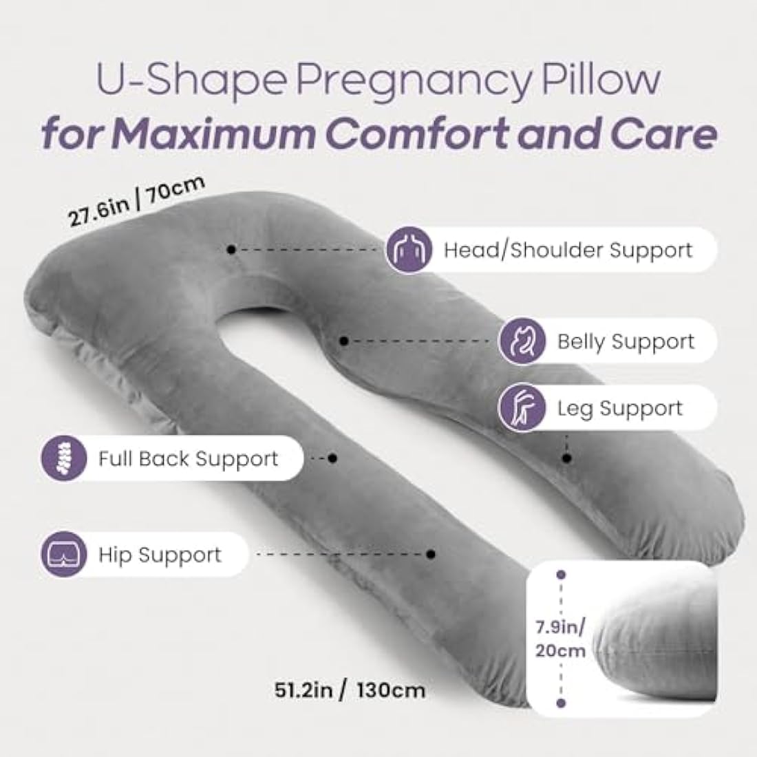 Nuliie Pregnancy Pillow for Sleeping, U Shaped Full Body Pillow Pregnancy Pillows, Maternity Pillow Support for Back, Hips, Legs for Pregnant Women, With Washable Velvet Cover (Grey)
