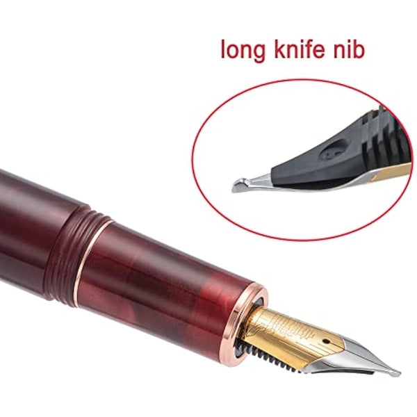 Hongdian N8 Red Acrylic Fountain Pen, Irdidium Long Blade Fine Nib Rose Gold Trim Maple Leaves Carving Cap, Smooth Writing Pen with Converter and Metal Pen Box Set