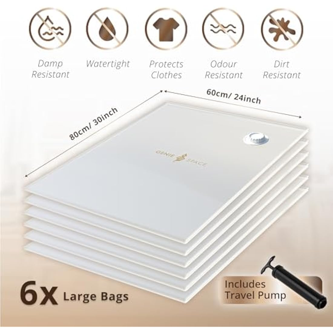 GENIE SPACE Premium Vacuum Storage Bags for Drawers, Suitcases and Wardrobes - Airtight, Odour-Proof, Reusable - Double Zipper Seal Compact Organiser - 80x60 cm, 6-Pack, Large