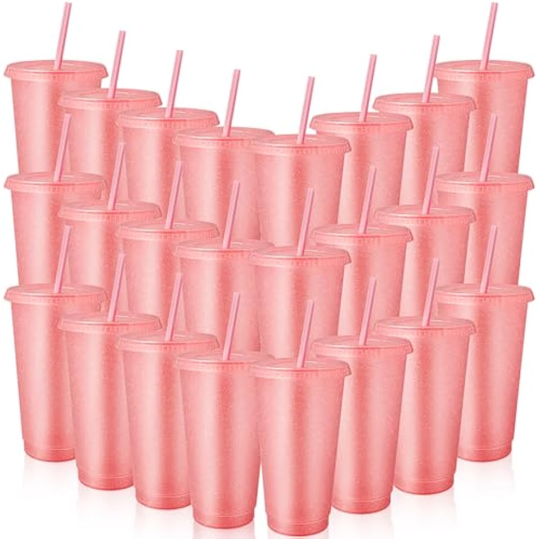 24 Pcs Reusable Cups with Lids and Straws 24 oz Glitter Iced Coffee Tumbler Plastic Travel Mug Cup for Smoothie Juices Birthday Sleepover Party Supplies (Light Pink)