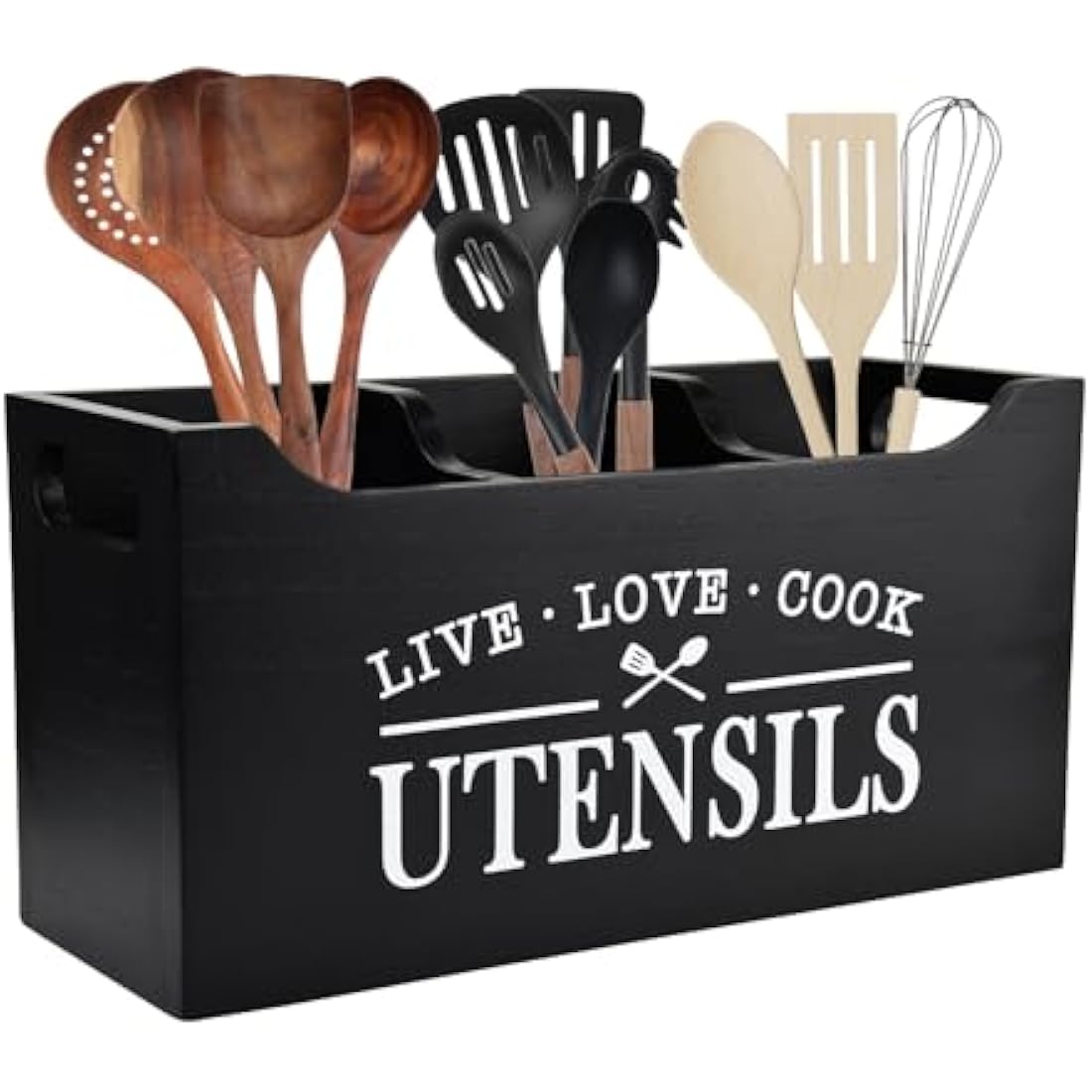 Karisky Kitchen Utensil Holder with Drainage Bottom, Large 3 Compartments Solid Real Wood Utensil Organizer for Kitchen Counter, Farmhouse Cooking Tools Storage for Countertop, Black