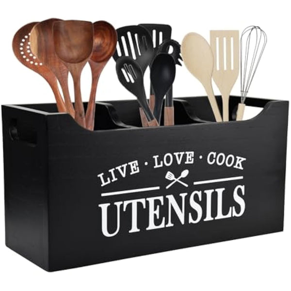 Karisky Kitchen Utensil Holder with Drainage Bottom, Large 3 Compartments Solid Real Wood Utensil Organizer for Kitchen Counter, Farmhouse Cooking Tools Storage for Countertop, Black