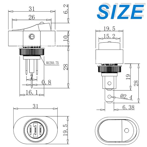 DAOKAI LED Lighted Rocker Switch 12V 30A SPST 3 Pin ON Off Toggle Switch Illuminated Red Lighted Oval Shaped Switch for Automotive Truck RV Boats - 5pcs