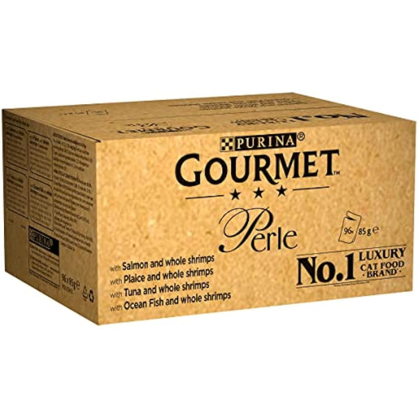 Gourmet Perle Adult Wet Cat Food Ocean Delicacies in Gravy with Salmon, Tuna, Plaice, Whitefish 4 x 12 x 85g Packs