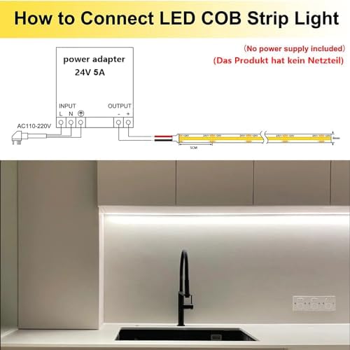 TOPAI 10M COB LED Strip Daylight White Waterproof, 24V LED Strip Lights 5000K, Outdoor IP65, CRI>93 Super Bright 7000Lm, 384LEDs/M Dotless Uniform LED Tape for Room Cabinet Home DIY Lighting Projects