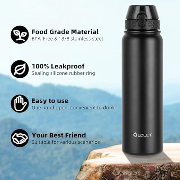 OLDLEY Stainless Steel Water Bottle with Straw 1L Vaccum Insulated Large Drink Flask Metal Water Bottles 1 Litre Leakproof Keep Drinks Hot Cold for Bike Sports Gym Adult Women Men(Black,1 Lid)