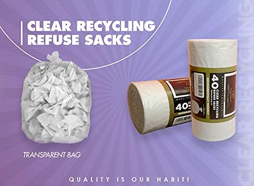 Haya Home 100L 40 Large Clear recycling bags Transparent Recycling Bin Bags, Rubbish Bags and Refuse Sacks 120 Gauge Bin Liners Heavy Duty Bin Bags Large Waste Bags From 100% Recycled Material