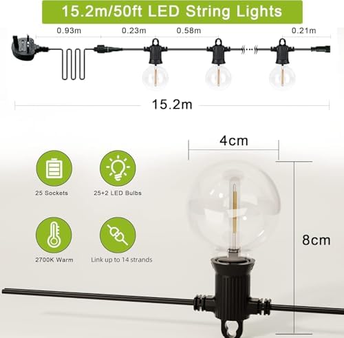 Kawaya Festoon Lights Outdoor Mains Powered LED Garden String Lights Waterproof 15M, 50FT Outside Fairy Lights with 25+2 Shatterproof Bulbs Warm White for Backyard Patio Gazebo
