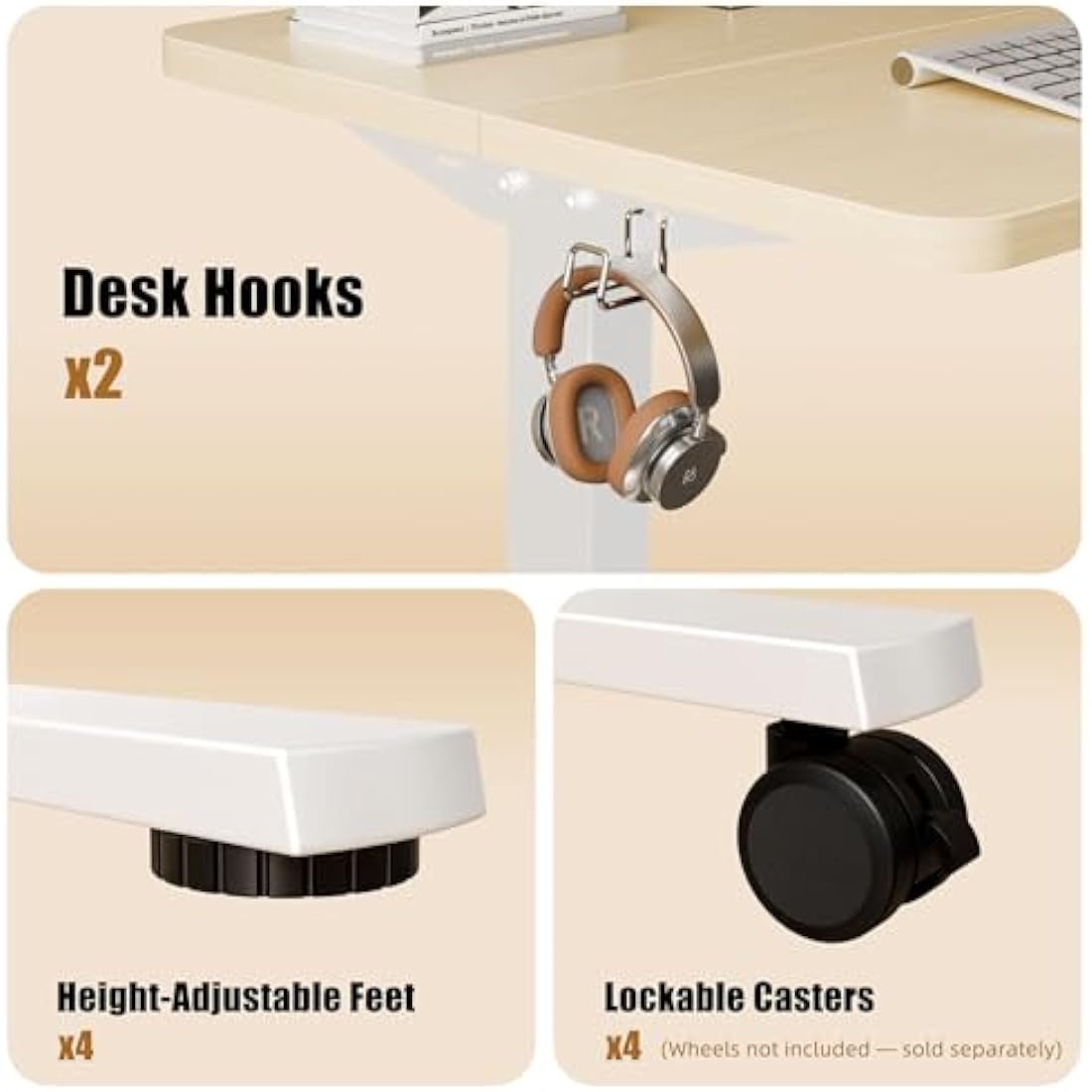 ERGOMAKER Electric Small Standing Desk 80x60cm Height Adjustable Desk, Sit Stand Desk with Memory Handse and Hooks, for Home Office (White Frame + Gold Oak Desktop)