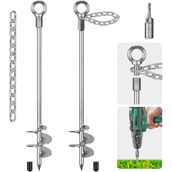Insaga Tent Peg, 76cm Heavy Duty Ground Anchor Large Metal Earth Stake Spiral Blade Screw in Trampolines Spike for Swing Set/Camping/Shed/Dog/Carport with 37cm Fixed Chain, 2 Pack